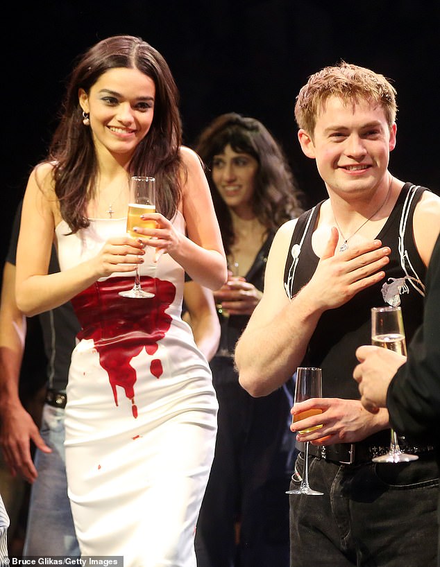 Rachel Zegler wore a blood-covered dress as she joined Heartstopper star Kit Connor to celebrate the opening night of Romeo & Juliet on Broadway on Thursday