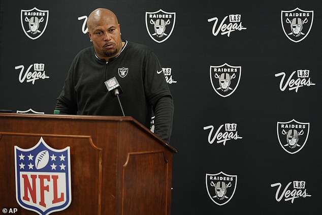 Las Vegas Raiders head coach Antonio Pierce speaks to reporters in September