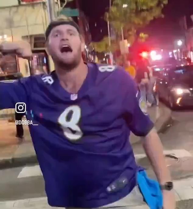 This Baltimore Ravens fan was seen fighting with two Washington Commanders fans on Sunday