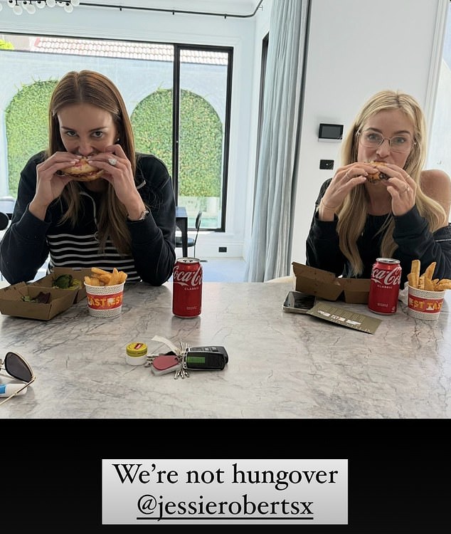 Rebecca Judd recovered from her 'hangover' on Sunday with a greasy burger and fries after a wild night out with friends