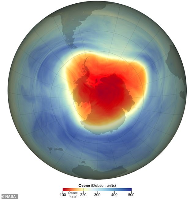 NASA has revealed that this year the hole in the ozone layer (pictured) has reached the seventh smallest size since 1992