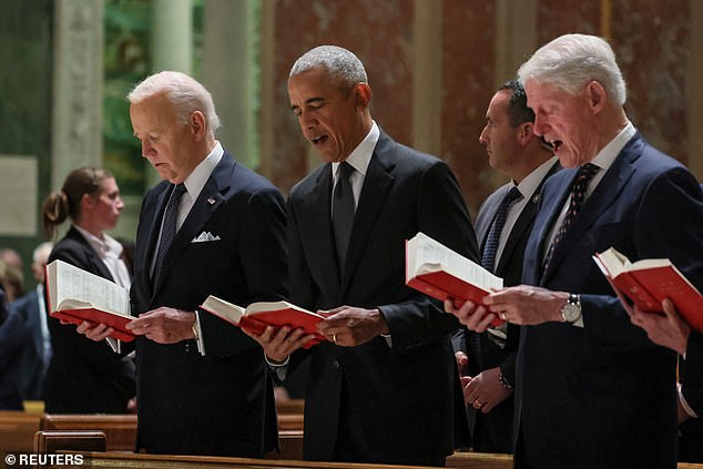 Biden, Obama and Clinton sing during the memorial service for Ethel Kennedy on Wednesday