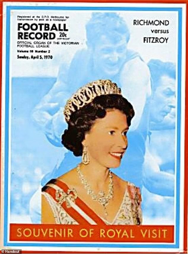 The cover of Football Record featured the Queen as she attended a VFL match between Richmond and Fitzroy at the MCG in 1970 - accompanied by the then Prince Charles