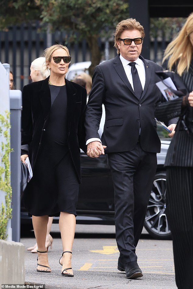 Richard Wilkins, 70, was accompanied to Nicole Kidman's funeral on Tuesday by his younger girlfriend Mia Hawkswell, 47. Both pictured