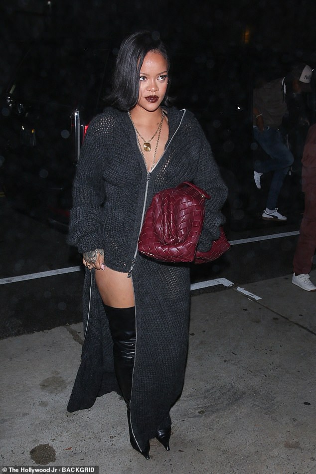 Rihanna put on a stylish show as she stepped out for dinner in Los Angeles on Thursday in a knit dress and thigh-high leather boots