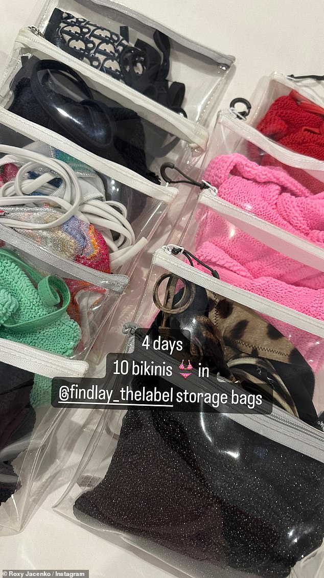 The PR expert, 44, posted a photo on Instagram showing 10 sets of skimpy swimwear packed into her luggage