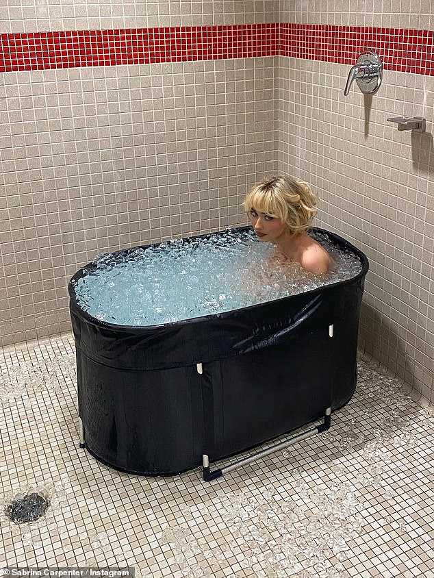 Sabrina Carpenter stripped naked to take a dip in an ice bath as she shared a behind-the-scenes look at her Short n' Sweet Tour on Thursday