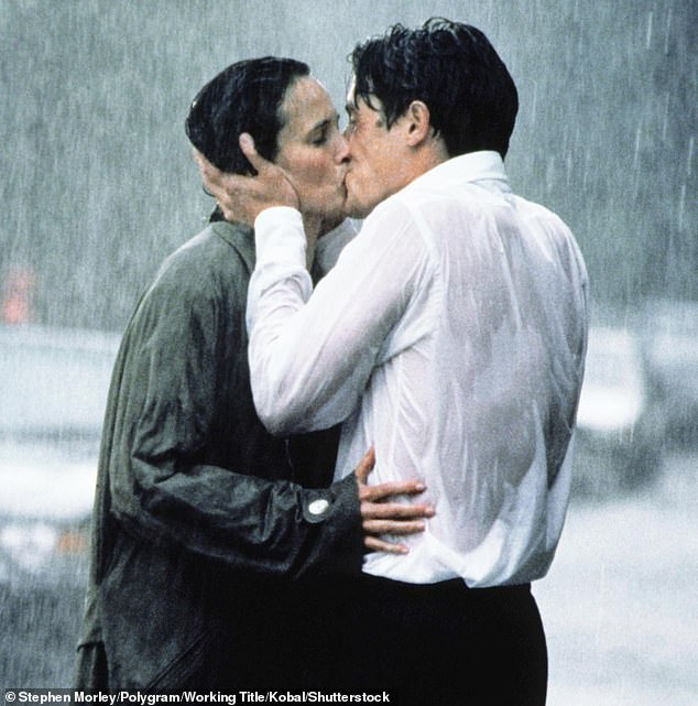 Today, kissing has a multitude of uses, including as a sign of romantic and sexual attraction, often depicted in films. Pictured: Hugh Grant and Andie MacDowell in 'Four Weddings and a Funeral' (1994)