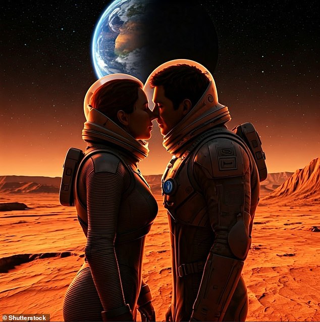 Eventually, a colony of men and women will reproduce on Mars to increase the human population there, Elon Musk hopes. But scientists say the difficulties of having sex on Mars make this highly unlikely, if not impossible. Pictured: An AI impression of mating on Mars