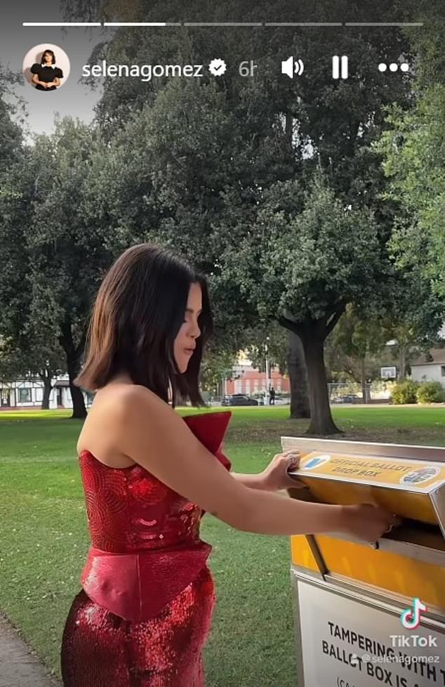 Selena Gomez wore a strapless ruby ​​red evening gown on Monday as she cast her vote in the 2024 presidential election