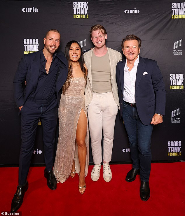 Shark Tank Australia's Jane Lu spared no expense as she hosted an extravagant viewing party to mark her highly anticipated return to Channel 10's hit show. (Pictured L-R: Nick Bell, Jane Lu, Davie Fogarty and Robert Herjavec)