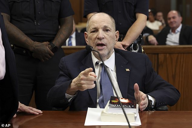 Dressed in a suit, tie and American flag pin, a handcuffed Weinstein spoke animatedly from a wheelchair during the hearing, holding a copy of Robert Harris' novel Conclave.