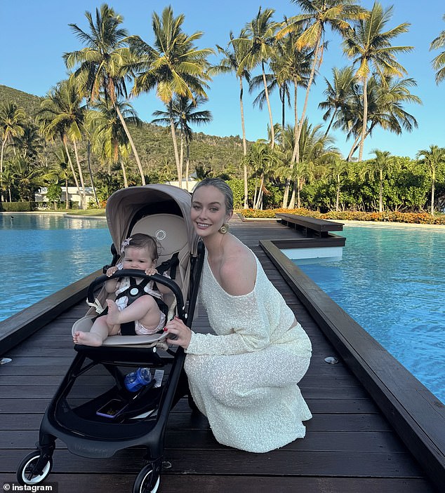 The Australian model, 31, attended a baby shower with her seven-month-old daughter Gia on Saturday. Both shown