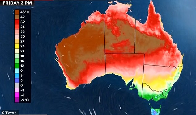 A strong high pressure system off the southern coast of Australia will cause a heat wave, starting in Perth before drifting east (on the map of Australia, the heat wave movement is shown in red)