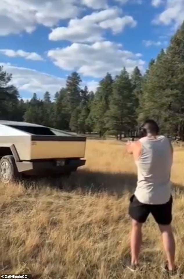 In a viral video, porn star Dante Colle stands in the middle of an open field and points a gun at the back of his $100,000 Tesla Cybertruck