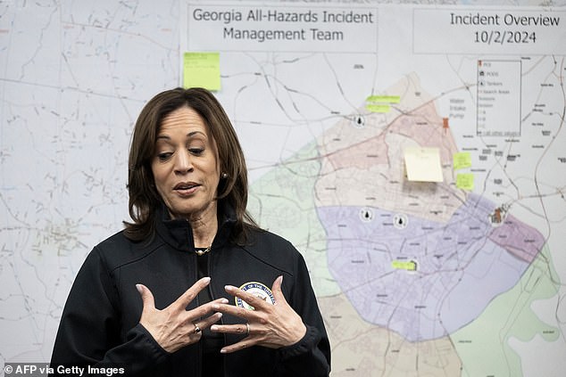 Vice President Kamala Harris speaks to people at an incident command center at Augusta Utilities, following the aftermath of Hurricane Helene, October 2, 2024, in Augusta, Georgia. Progressives around D.C. have said they will pressure her to support left-wing priorities once the election is over