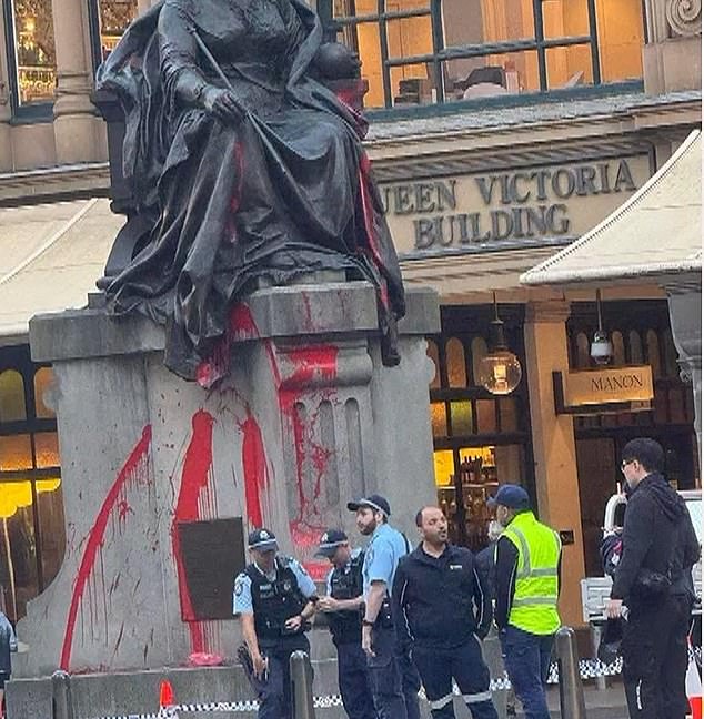 The iconic statue of Queen Victoria, located outside the Queen Victoria Building in Sydney's CBD, is defaced with red paint as King Charles tours Australia