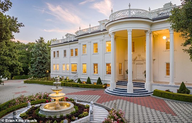 The 11-bed, 11.5-bathroom Hillsborough, California home, located on El Cerrito Avenue, is draped in a regal look with its tall columns, circular entryway and its white exterior that resembles the US president's home.