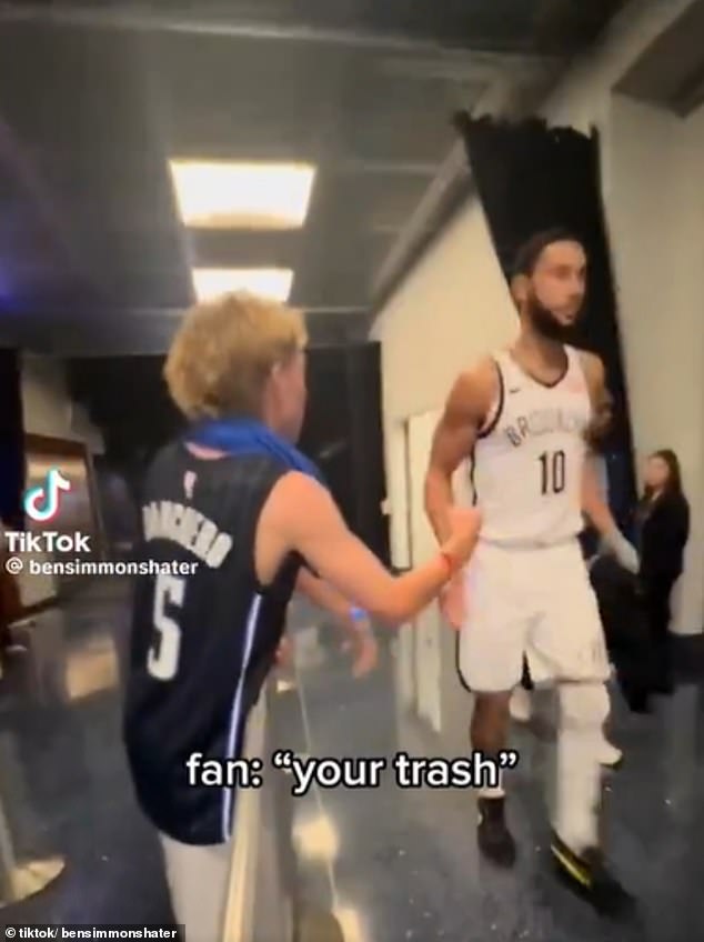 A hoops fan (blacked out) dragged Australian basketball player Ben Simmons after the Brooklyn Nets' recent loss to Orlando