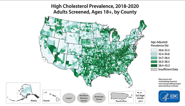 The map shows the concentrations of provinces with the highest cholesterol prevalence. Health officials typically advise people to limit their intake of fatty foods, which can affect the amount of cholesterol the body produces