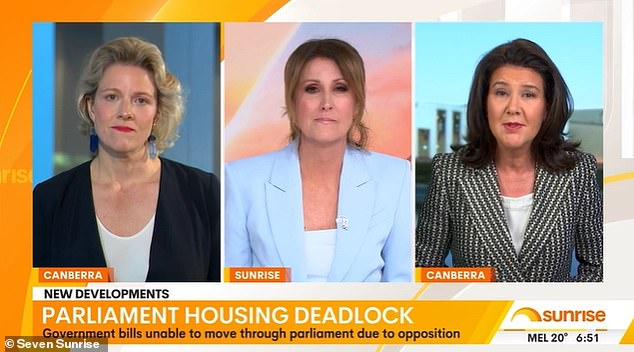 Nat Barr has been called out by some Sunrise viewers after she said she was concerned about her adult sons buying a house during Australia's housing crisis, while speaking to Housing Minister Clare O'Neil's guests (left ) and financial opposition spokeswoman Senator Jane Hume (right). )