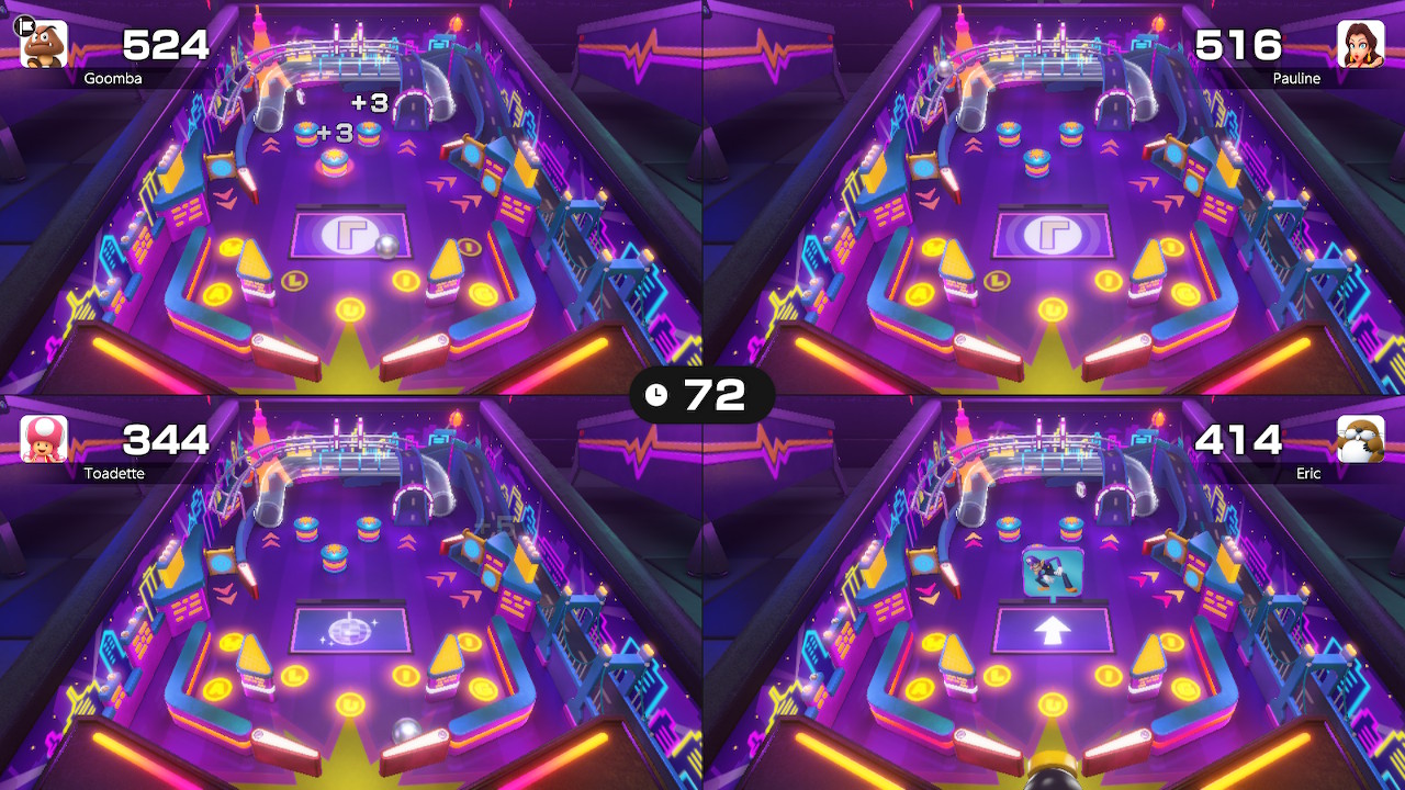 A four-player split-screen screenshot of the Super Mario Party Jamboree mini-game featuring a Waluigi-themed pinball machine