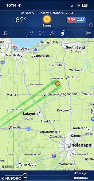 An anonymous witness who filed a report with the National UFO Reporting Center (NUFORC) witnessed a baffling and possibly related event: a brief incursion on Doppler weather radar (above) from what appeared to be a large rectangular UFO speeding nearby , estimated to be about half the size of Disney World (20 mi (32 km) long)