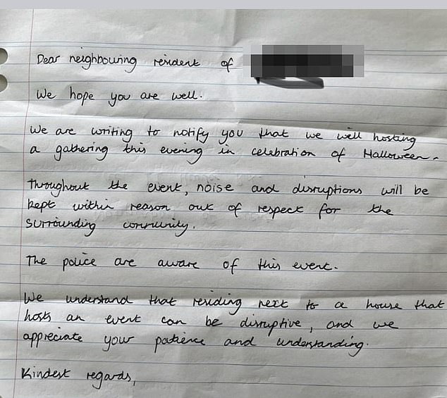 The residents had sent handwritten letters to their neighbors (pictured) claiming it had been turned into a student house after it was sold for $8 million last year.