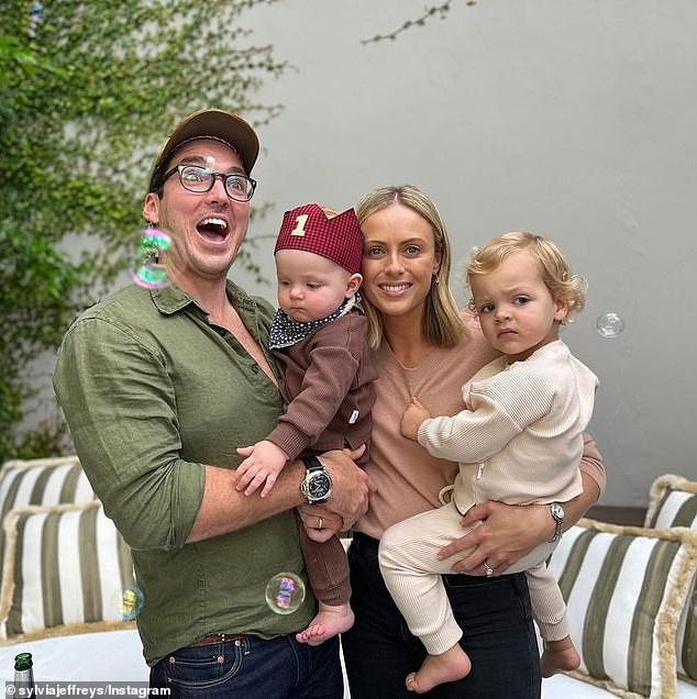 Sylvia Jeffreys has revealed there was an embarrassing moment involving her children Oscar, four, and Henry, three, which left her terrified of indoor play centres. Also pictured is Sylvia's husband Peter Stefanovic