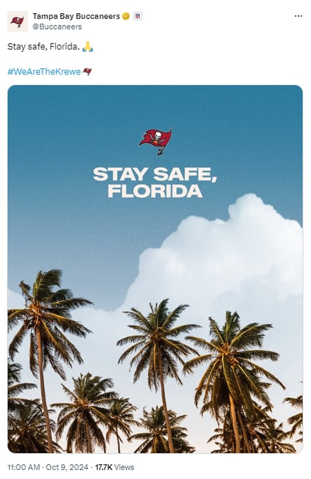 The Tampa Bay Buccaneers are urging fans to 'stay safe' as Hurricane Milton slams Florida