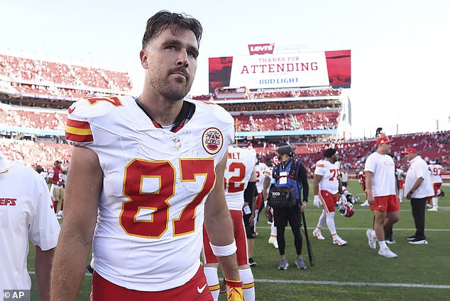 Kansas City Chiefs tight end Travis Kelce (87) walks off the field after an NFL football game against the San Francisco 49ers in Santa Clara, California on October 20