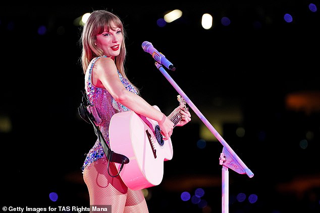 Taylor Swift gave another sweet shoutout to her boyfriend Travis Kelce during her Eras Tour concert on Sunday night; pictured Friday in New Orleans