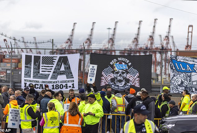 Workers participate in a port strike at Port Newark, Tuesday, October 1, 2024, in Bayonne, NJ