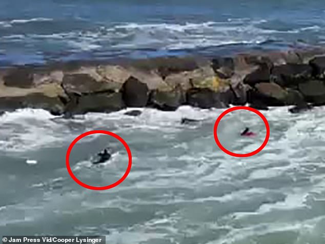 The footage shows Lysinger quickly paddling towards the man who was clearly struggling to keep his head and arms above water.