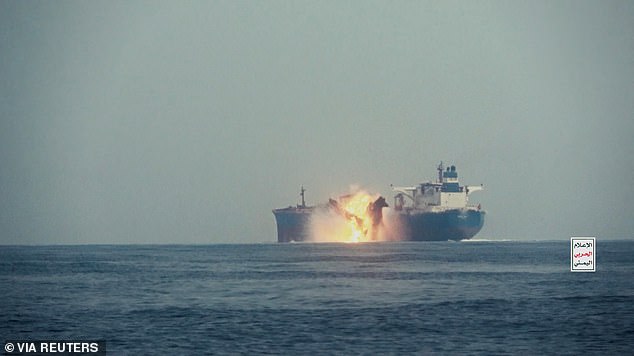 The oil tanker Cordelia Moon bursts into flames after being hit by a missile in the Red Sea, off Yemen's Red Sea port of Hodeida, in this screenshot from a video released on October 1, 2024