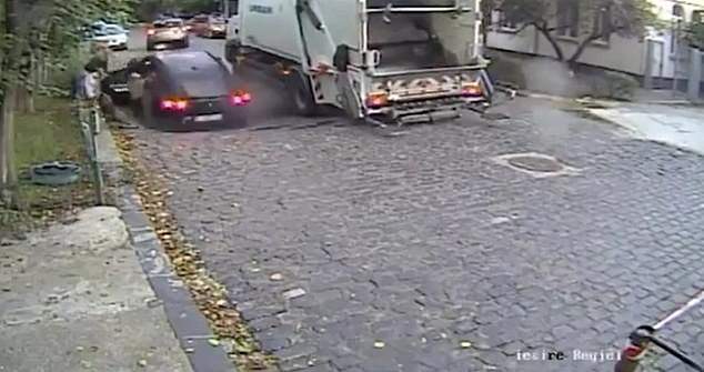 BEFORE: The mother gets her child out of the car before the road suddenly collapses