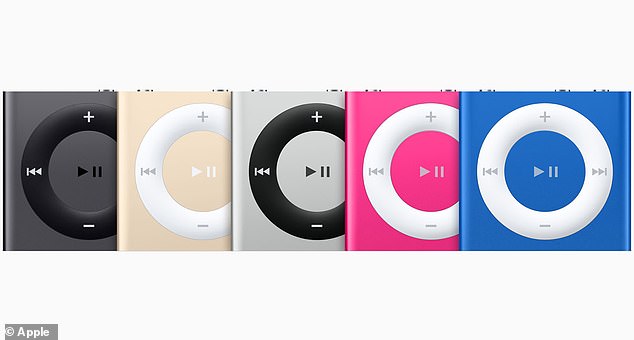 iPod Shuffle (fourth generation in new colors introduced on July 15, 2015) offered a sleek design with up to 15 hours of battery life, 2 GB of storage good for hundreds of songs, and a VoiceOver button to change song title, playlist name, or battery status