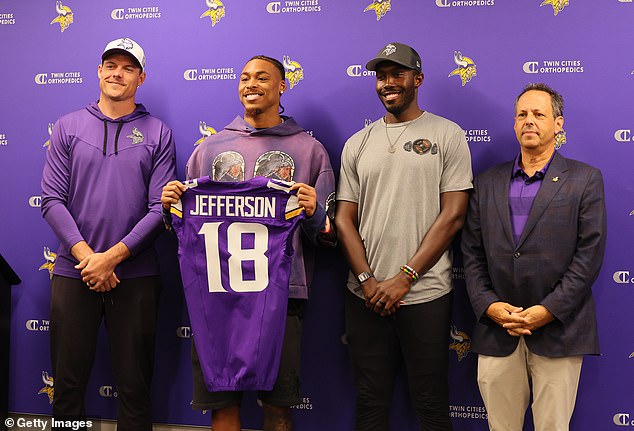 (L-R) Vikings head coach Kevin O'Connell, wide receiver Justin Jefferson, GM Kwesi Adofo-Mensah and co-owner Mark Wilf