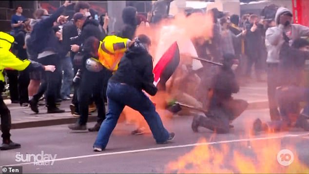 The Project used footage from a violent demonstration against an arms fair in September and merged it with the weekend's largely peaceful protest