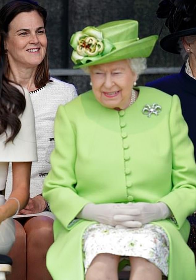 Samantha Cohen (pictured, left) sits behind the Queen (pictured, right) as she watches a ceremony to open the new Mersey Gateway Bridge in June 2018 in Widnes