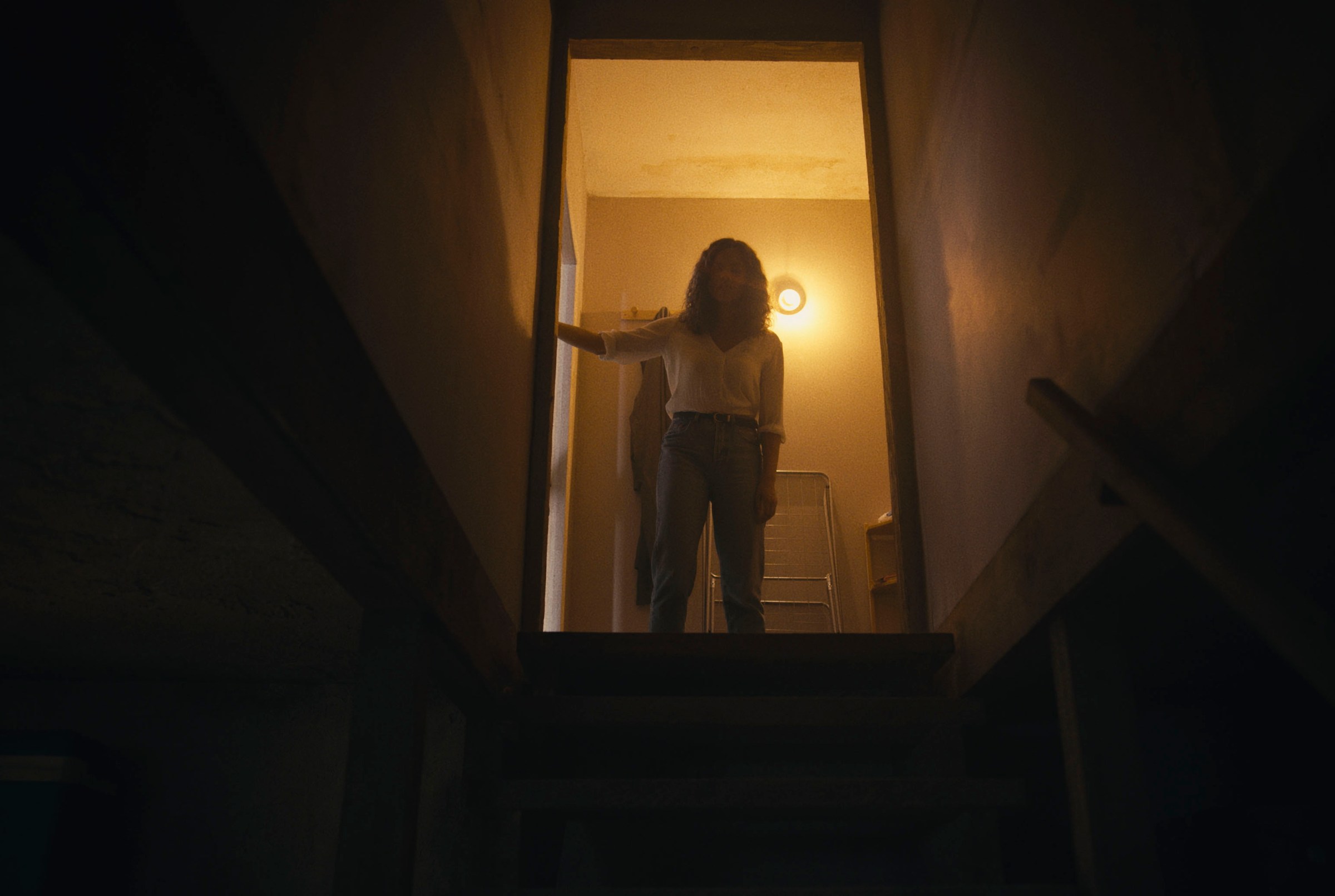 Tess stands at the top of a staircase leading to a dark cellar in the horror film Barbarian.