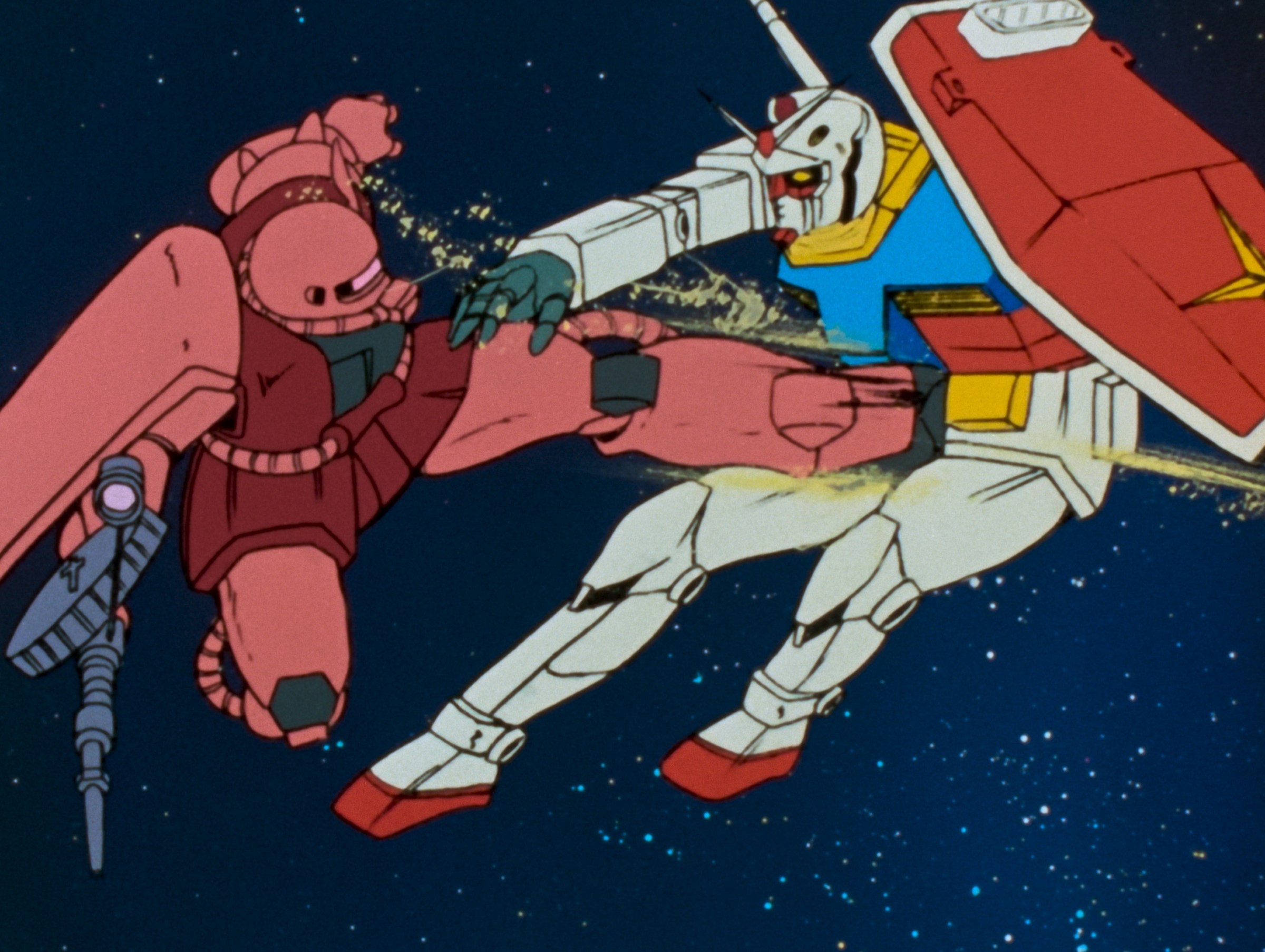 A red robot holding a firearm kicks a white and blue robot holding a shield in space in Mobile Suit Gundam.