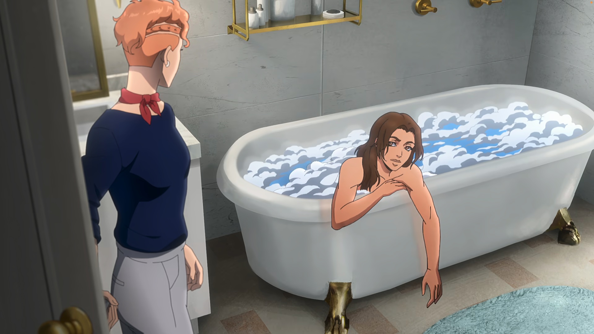 Camilla and Lara talk while Lara lounges in the bath in Tomb Raider: The Legend of Lara Croft