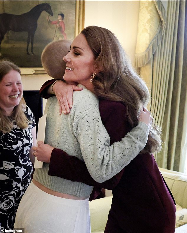 The Princess of Wales hugged a young fellow cancer patient after being invited to Windsor Castle to take photos of Prince William