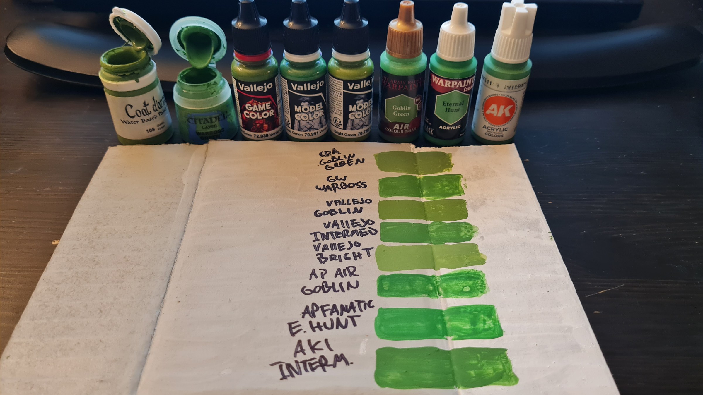 A rough sample comparing different green miniature paints. Coat d'Arms Goblin Green paint is shown at the top, indicating a control sample.