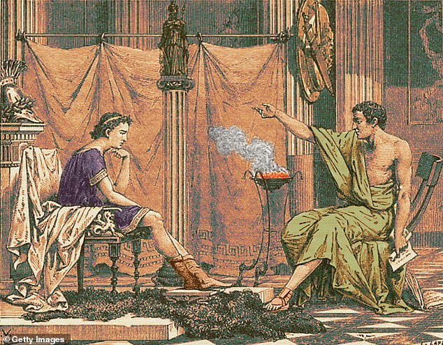 Colored illustration (from an engraving from Louis Figuier's 'Vies des Savants Illustres', circa 1867) shows Alexander the Great (356-323 BC) (left) wearing the purple tunic as taught by Aristotle ( 384-322 BC)