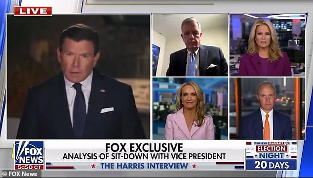 Fox News host Bret Baier recalled with his panel how four people waved their hands to end the interview after his exclusive interview with Vice President Kamala Harris aired Wednesday. It was Harris' first interview with the conservative network