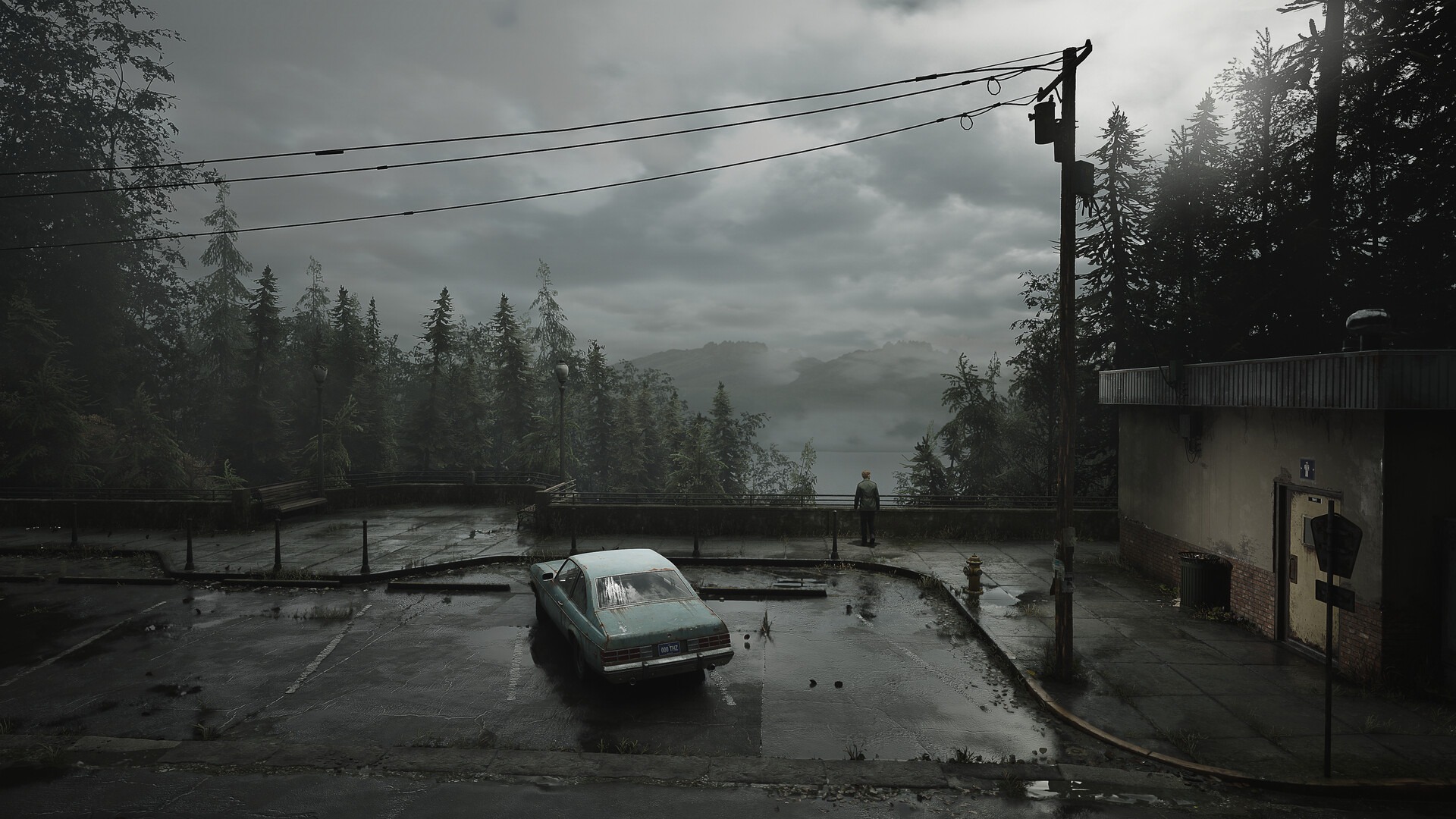 A wide shot of a car in a parking lot. A man stands outside it and looks at evergreens and cloudy skies