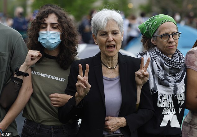 Jill Stein (center) and her campaign staff were arrested Saturday during an anti-Israel protest on the campus of Washington University in St. Louis, Missouri