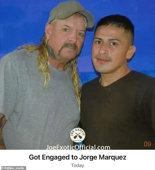 Joe Exotic, 61, announced he was engaged to fellow inmate Jorge Marquez, 33, while both are in custody at the Federal Medical Center, Fort Worth.